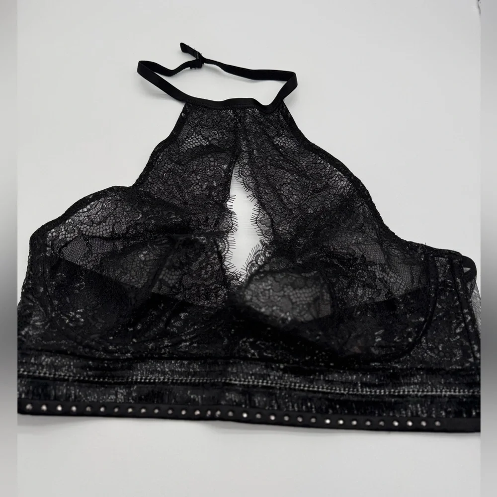 Victoria's Secret Sexy Black Floral Silver Lace Halter Bralette NWT Sz XL - Picture 2 of 16